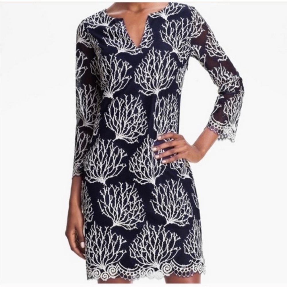 Lilly Pulitzer, Wendy Sheath Dress Navy blue-white seaside coral Lace overlay